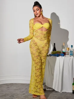Dresses|Maxi Dresses*Mew Mews Fashion Jerryl Long Sleeve Cutout Lace Maxi Dress In Yellow