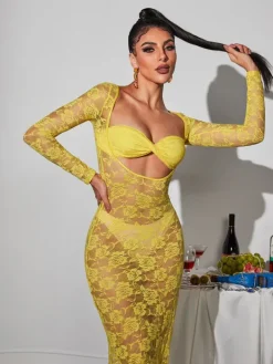 Dresses|Maxi Dresses*Mew Mews Fashion Jerryl Long Sleeve Cutout Lace Maxi Dress In Yellow