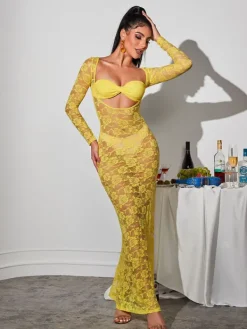 Dresses|Maxi Dresses*Mew Mews Fashion Jerryl Long Sleeve Cutout Lace Maxi Dress In Yellow