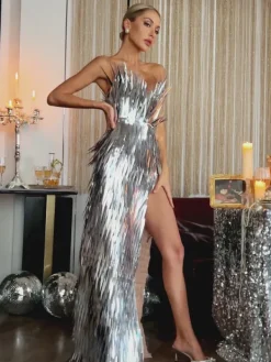 Embellishment|Dresses*Embellishment Jimmie Metal Feather Dress In Silver