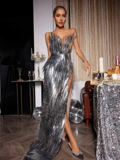 Embellishment|Dresses*Embellishment Jimmie Metal Feather Dress In Silver