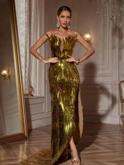 Embellishment|Dresses*Embellishment Jimmie Metal Feather Dress In Gold