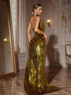 Embellishment|Dresses*Embellishment Jimmie Metal Feather Dress In Gold