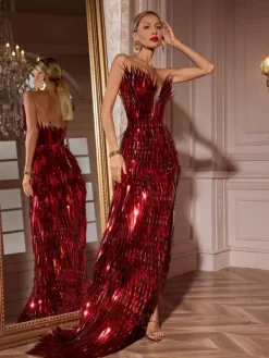 Embellishment|Dresses*Embellishment Jimmie Metal Feather Dress In Red