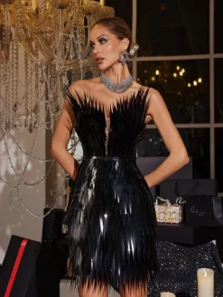 Embellishment|Dresses*Embellishment Jimmie Metal Feather Mini Dress In Black