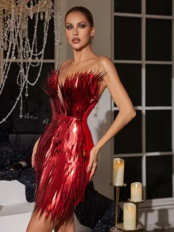 Embellishment|Dresses*Embellishment Jimmie Metal Feather Mini Dress In Red