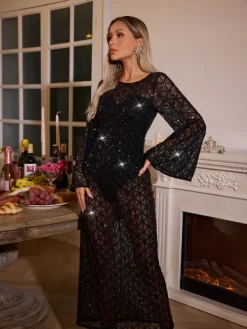 Dresses|Maxi Dresses*Mew Mews Fashion Jonelle Long Sleeve Sequin Mesh Dress