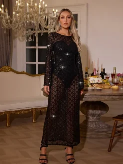 Dresses|Maxi Dresses*Mew Mews Fashion Jonelle Long Sleeve Sequin Mesh Dress