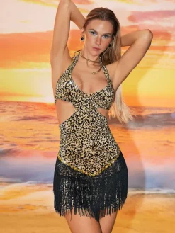 Embellishment|Dresses*Embellishment Josiah Leopard Cutout Fringe Velvet Dress
