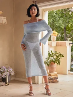 Dresses|Maxi Dresses*Mew Mews Fashion Juliea Off Shoulder Knitted Maxi Dress In Blue