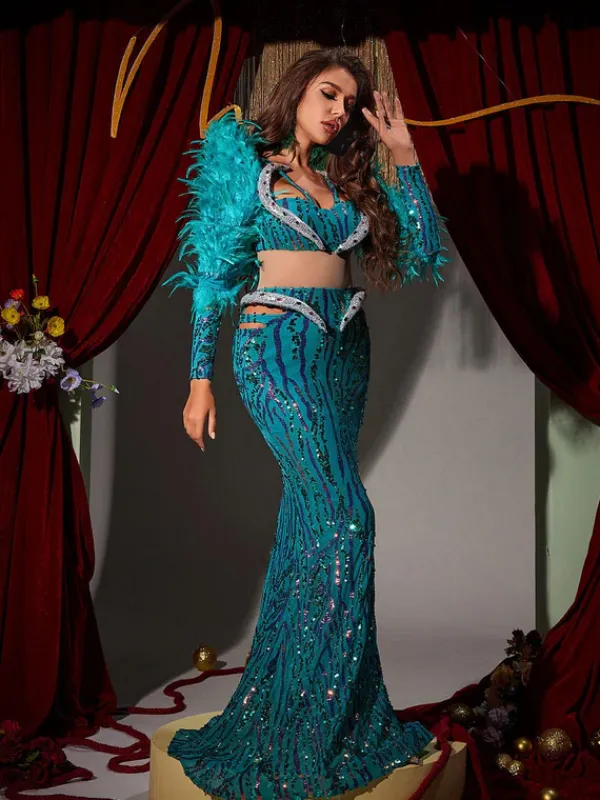 Embellishment|Dresses*Lu Yili Jurin Snake Rhinestone Feather Maxi Dress