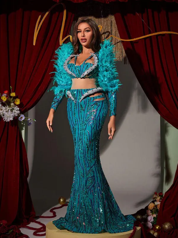 Embellishment|Dresses*Lu Yili Jurin Snake Rhinestone Feather Maxi Dress