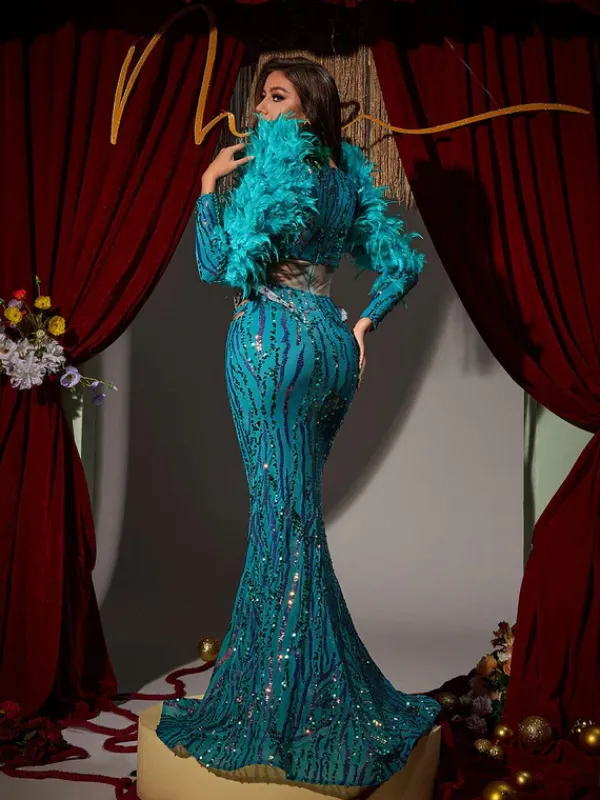 Embellishment|Dresses*Lu Yili Jurin Snake Rhinestone Feather Maxi Dress