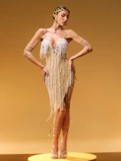 Embellishment|Dresses*Embellishment Kai Spaghetti Crystal Fringe Mini Dress