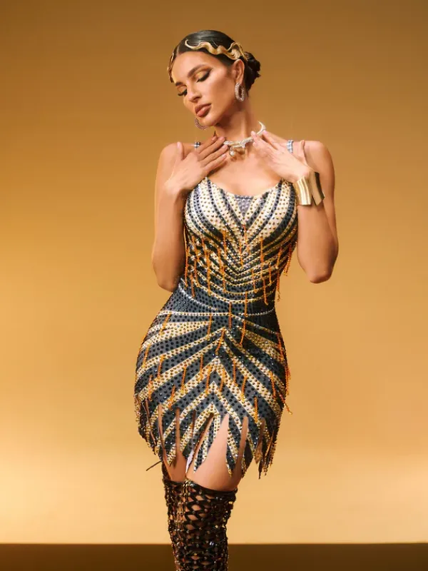 Dresses|Mini Dresses*W Jia O/S Kairos Spaghetti Rhinestone Fringe Mini Dress