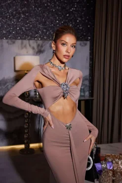 Dresses|Midi Dresses*Mew Mews Fashion Kaison Long Sleeve Crystal Cutout Midi Dress