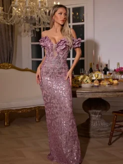 Embellishment|Dresses*Lu Yili Kaprisha Off Shoulder Sequin Ruffle Maxi Dress