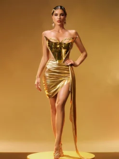 Sets & Co-ords*Jiu Bajia O/S Keisha Rhinestone Metallic Skirt Set In Gold