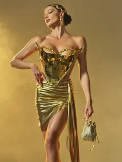 Sets & Co-ords*Jiu Bajia O/S Keisha Rhinestone Metallic Skirt Set In Gold