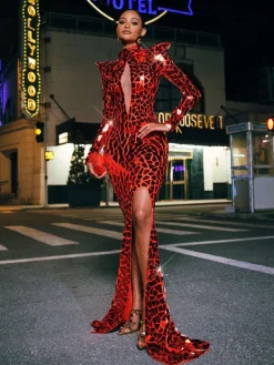 Embellishment|Dresses*Embellishment Kellan Long Sleeve Embellished Split Maxi Dress In Red