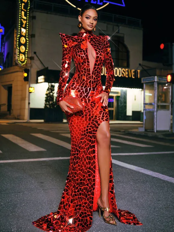 Embellishment|Dresses*Embellishment Kellan Long Sleeve Embellished Split Maxi Dress In Red