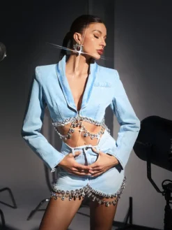 Coats & Jackets*Mew Mews Fashion Kendall Crystal Fringe Chain Denim Blazer