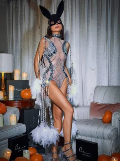 Bodysuits|Tops*Embellishment O/S Kent Sequin Fringe Mesh Bodysuit