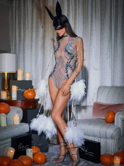 Bodysuits|Tops*Embellishment O/S Kent Sequin Fringe Mesh Bodysuit