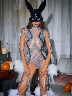 Bodysuits|Tops*Embellishment O/S Kent Sequin Fringe Mesh Bodysuit
