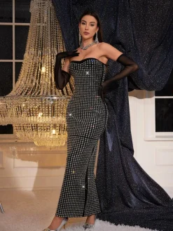 Embellishment|Dresses*Embellishment Khy Rhinestone Bandage Maxi Dress With Gloves