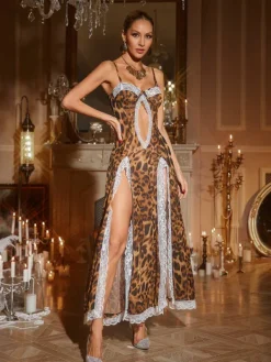 Dresses|Maxi Dresses*Mew Mews Fashion Kiran Leopard Lace Split Maxi Dress