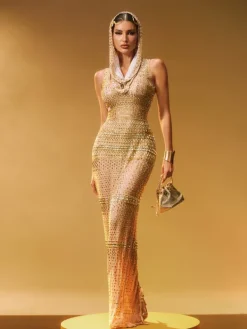 Embellishment|Dresses*Embellishment Kivin Sleeveless Rhinestone Mesh Maxi Dress