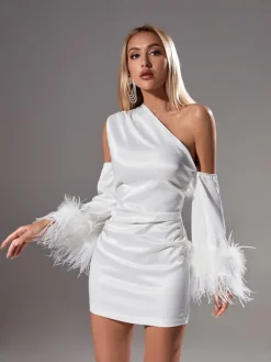Dresses|Mini Dresses*Mew Mews Fashion Klara Satin Feather Trimmed Mini Dress In White