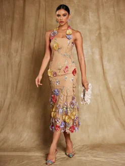 Dresses|Midi Dresses*Mew Mews Fashion Kohen Halterneck Flower Embroidered Midi Dress