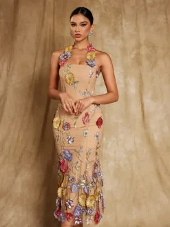 Dresses|Midi Dresses*Mew Mews Fashion Kohen Halterneck Flower Embroidered Midi Dress