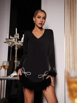 Dresses*Mew Mews Fashion Koko Long Sleeve Bow Crystal Feather Dress