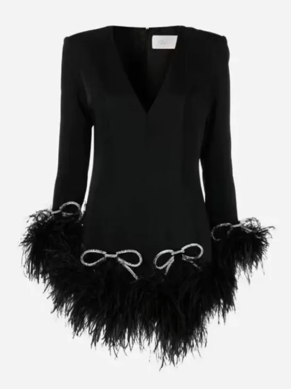 Dresses*Mew Mews Fashion Koko Long Sleeve Bow Crystal Feather Dress