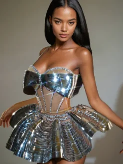 Sets & Co-ords|Embellishment*Embellishment Kretska Crystal Metallic Skirt Set In Silver