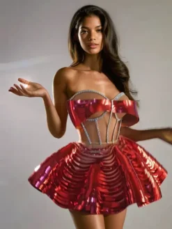 Sets & Co-ords*Jiu Bajia O/S Kretska Crystal Metallic Skirt Set In Red