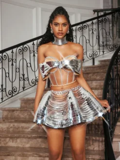 Sets & Co-ords|Embellishment*Embellishment Kretska Crystal Metallic Skirt Set In Silver
