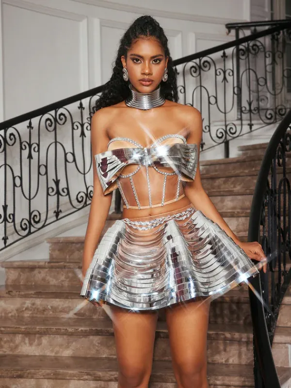 Sets & Co-ords|Embellishment*Embellishment Kretska Crystal Metallic Skirt Set In Silver