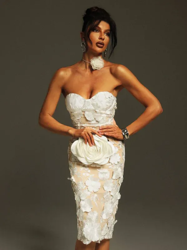 Dresses|Midi Dresses*Mew Mews Fashion Krystie Strapless Flower Embroidered Midi Dress