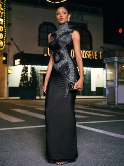 Embellishment|Dresses*Embellishment Lacinda High Neck Rhinestone Maxi Dress