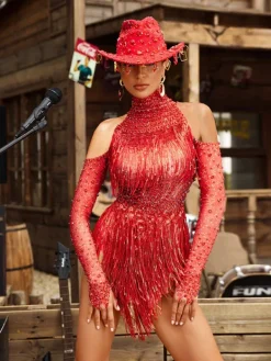 Bodysuits|Tops*Embellishment Lakendra Long Sleeve Crystal Fringe Bodysuit