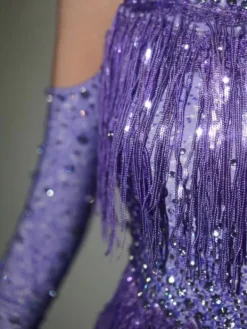 Bodysuits|Tops*Jiu Bajia O/S Lakendra Long Sleeve Crystal Fringe Bodysuit In Purple
