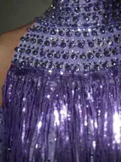 Bodysuits|Tops*Jiu Bajia O/S Lakendra Long Sleeve Crystal Fringe Bodysuit In Purple