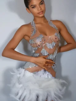 Mini Dresses|Dresses*Mew Mews Fashion Lavali Halterneck Crystal Feather Mini Dress
