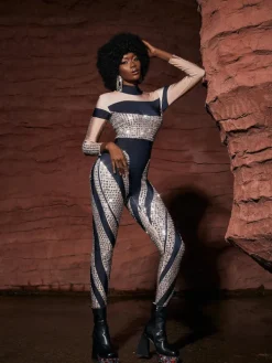 Embellishment*Embellishment O/S Leatrice Square Rhinestone Stripe Jumpsuit
