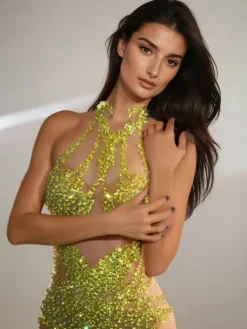 Dresses|Mini Dresses*W Jia O/S Lexiss Halterneck Rhinestone Mini Dress In Yellow