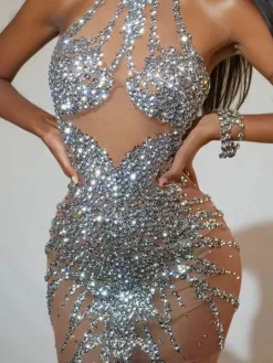 Dresses|Mini Dresses*Jiu Bajia O/S Lexiss Halterneck Rhinestone Mini Dress In Silver